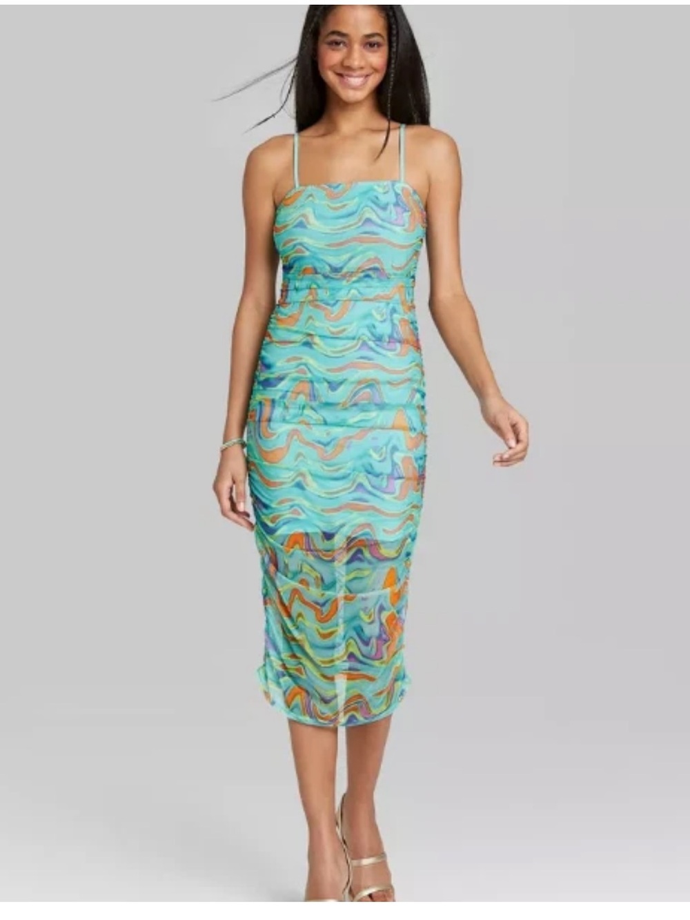 NWT Wild Fable Thin Strap Body-con Ruched Mesh Wave Midi Dress size Medium